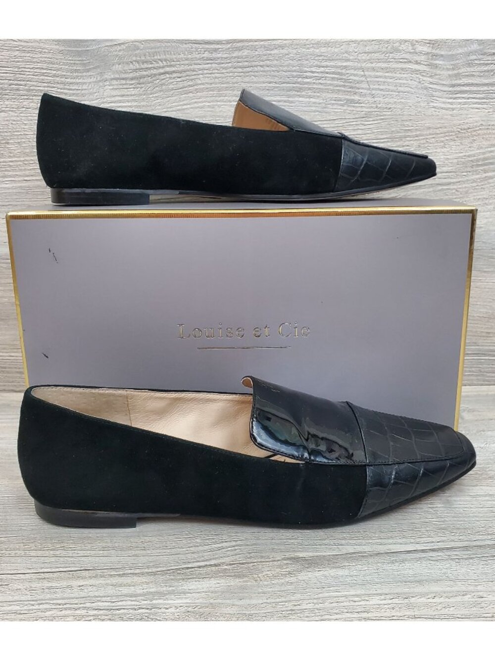Louise et Cie Blith loafer, black suede and croc embossed leather